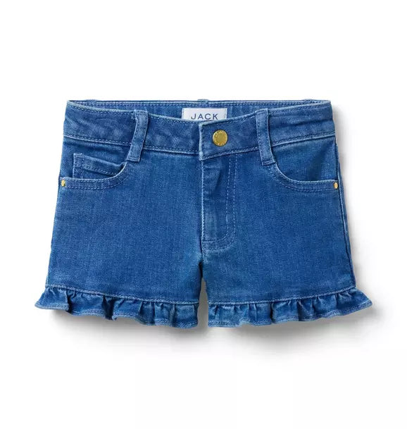 Denim Ruffle Hem Short In Medium Wash