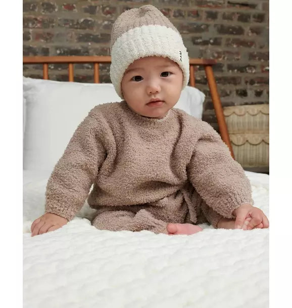 2-Tone Ribbed Beanie Fuzzy - Taupe/Ecru