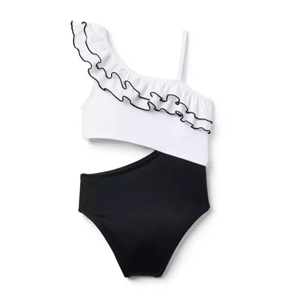 Recycled Cutout Ruffle Shoulder Swimsuit
