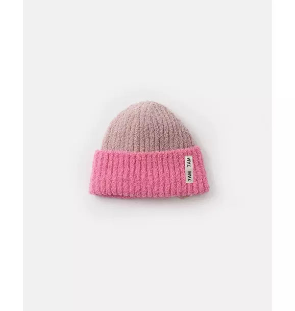 2-Tone Ribbed Beanie Fuzzy - Ash Rose/Vivid Pink