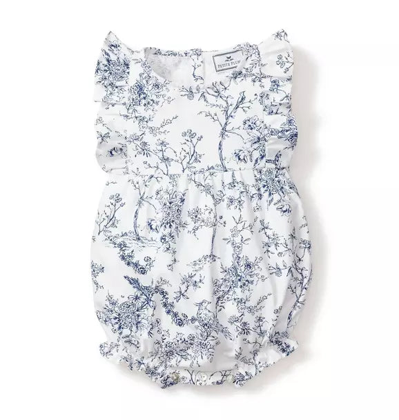 Baby's Twill Ruffled Romper in Blue Timeless Toile