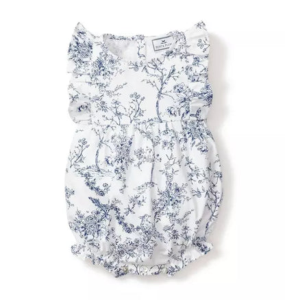Baby's Twill Ruffled Romper in Blue Timeless Toile
