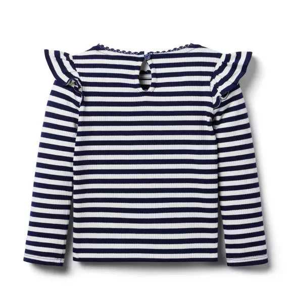 Striped Ribbed Ruffle Shoulder Top