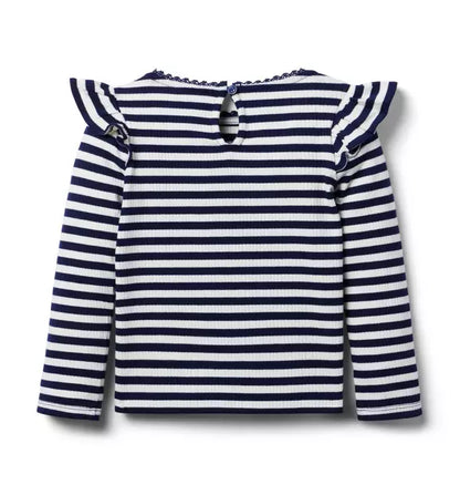 Striped Ribbed Ruffle Shoulder Top