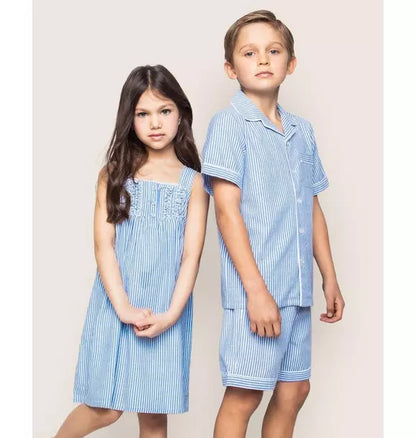 Kid's Twill Pajama Short Set in French Blue Seersucker