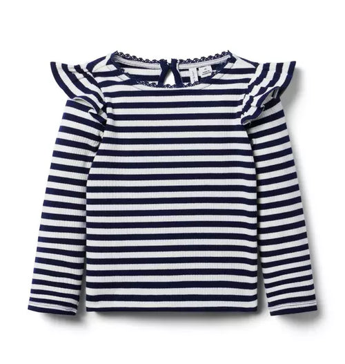 Striped Ribbed Ruffle Shoulder Top