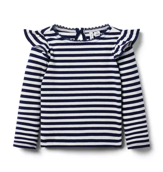 Striped Ribbed Ruffle Shoulder Top
