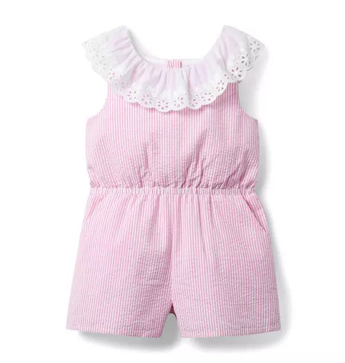 Striped Seersucker Eyelet Collar Romper