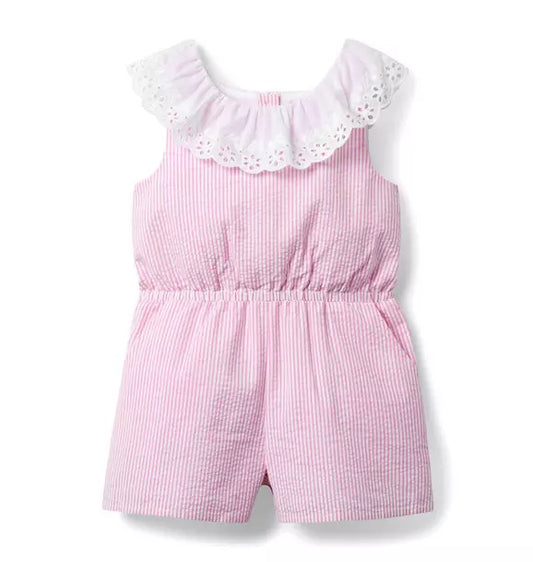 Striped Seersucker Eyelet Collar Romper