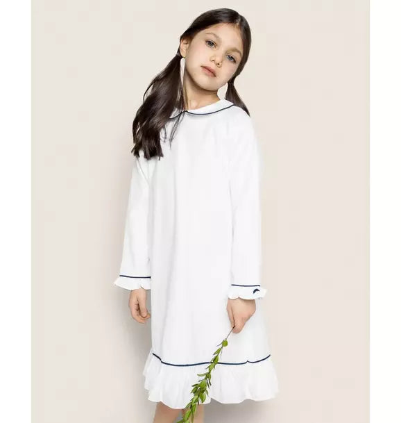 White Sophia Nightgown With Navy Piping