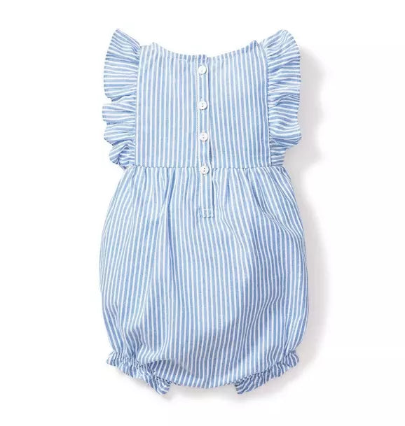 Baby's Twill Ruffled Romper in French Blue Seersucker
