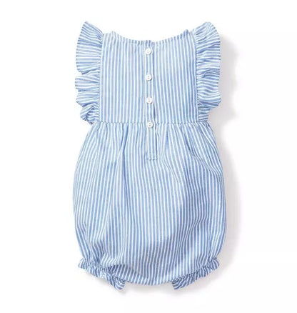 Baby's Twill Ruffled Romper in French Blue Seersucker