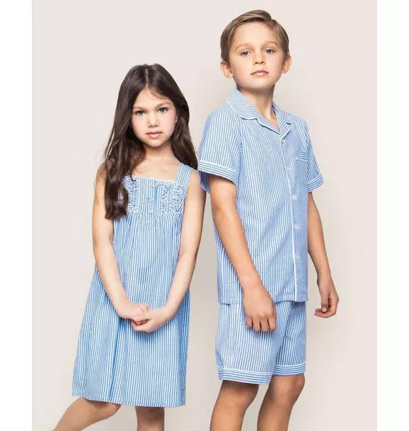 Girl's Twill Charlotte Nightgown in French Blue Seersucker