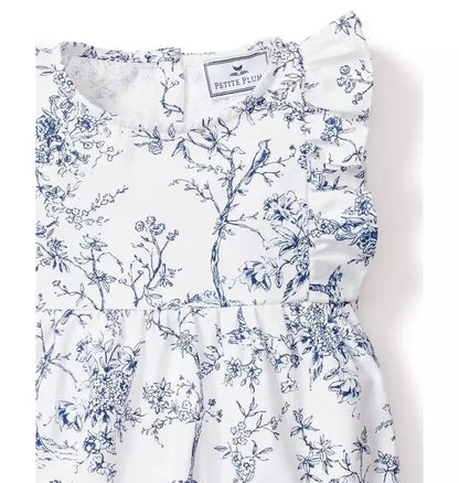 Baby's Twill Ruffled Romper in Blue Timeless Toile