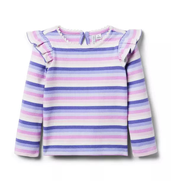 Striped Ribbed Ruffle Shoulder Top
