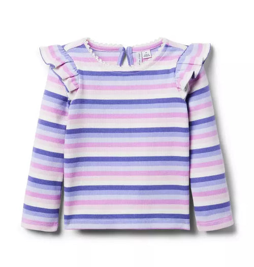 Striped Ribbed Ruffle Shoulder Top
