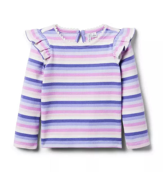 Striped Ribbed Ruffle Shoulder Top