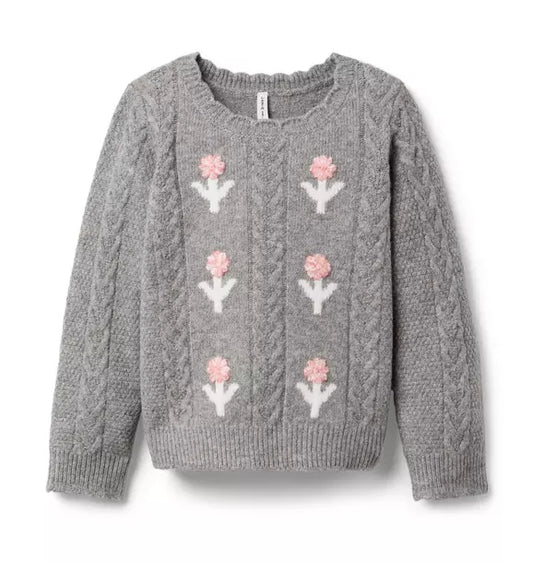 Embroidered Floral Cable Knit Sweater
