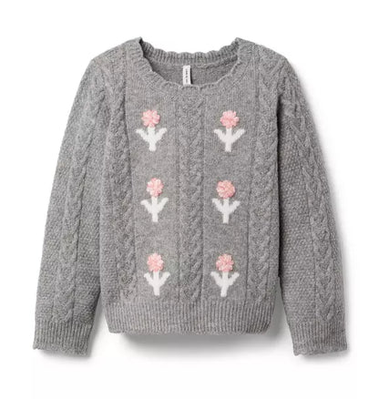 Embroidered Floral Cable Knit Sweater