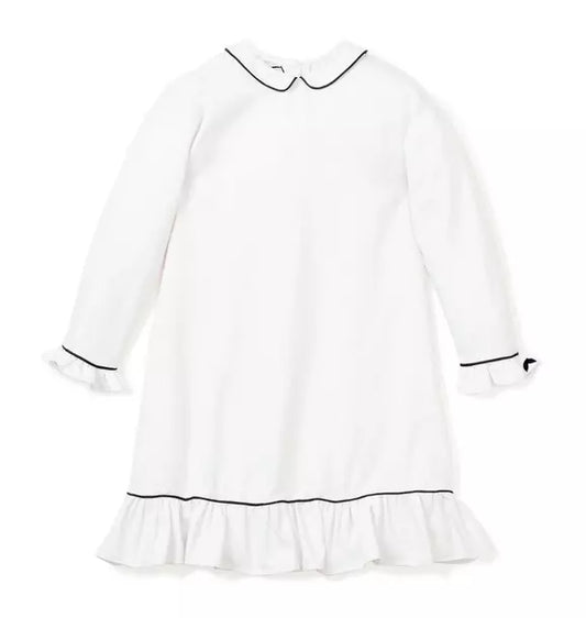 White Sophia Nightgown With Navy Piping