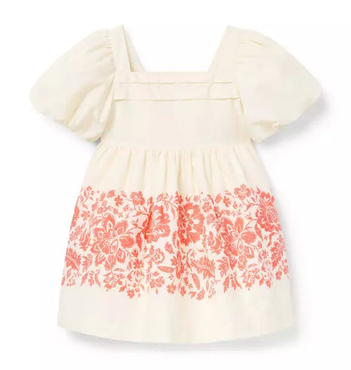 Floral Border Puff Sleeve Dress