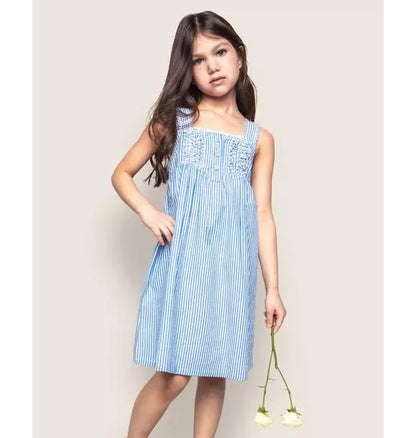 Girl's Twill Charlotte Nightgown in French Blue Seersucker