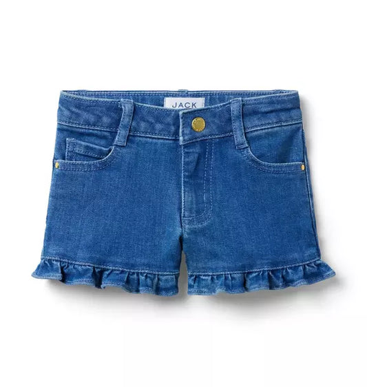 Denim Ruffle Hem Short In Medium Wash