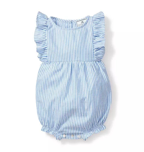 Baby's Twill Ruffled Romper in French Blue Seersucker