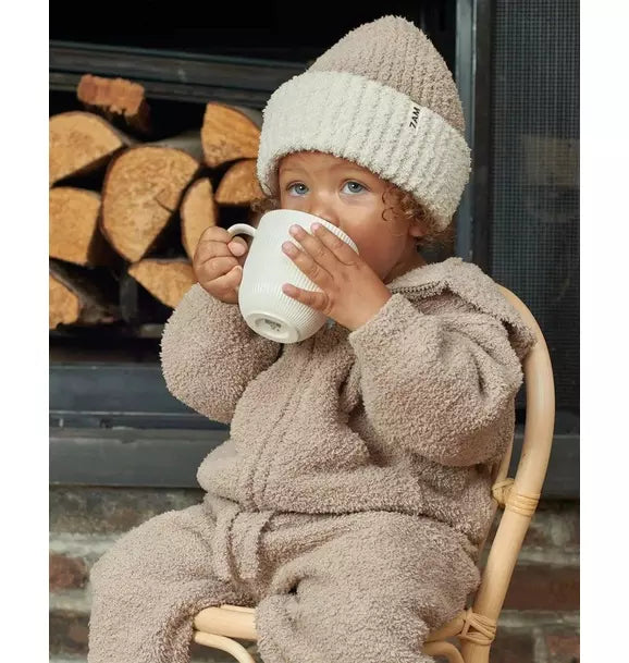 2-Tone Ribbed Beanie Fuzzy - Taupe/Ecru