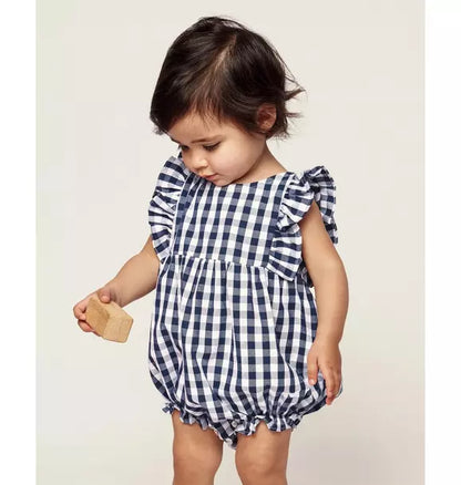 Navy Gingham Ruffled Romper
