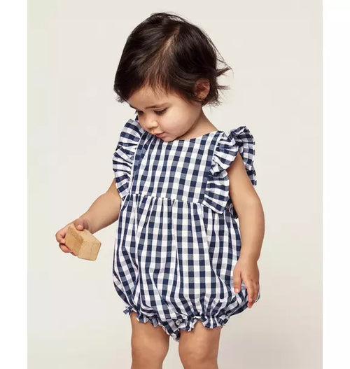 Navy Gingham Ruffled Romper
