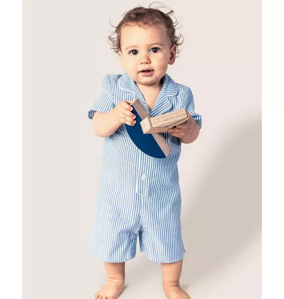 Baby's Twill Summer Romper in French Blue Seersucker