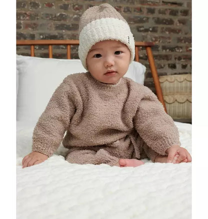 2-Tone Ribbed Beanie Fuzzy - Taupe/Ecru