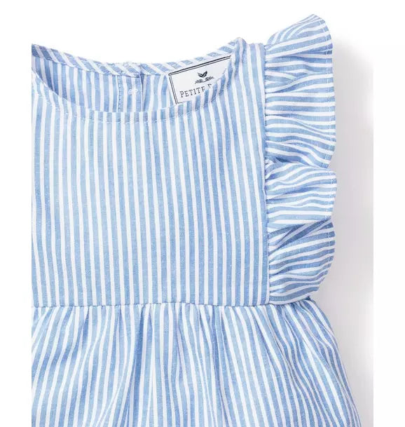 Baby's Twill Ruffled Romper in French Blue Seersucker