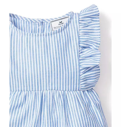Baby's Twill Ruffled Romper in French Blue Seersucker