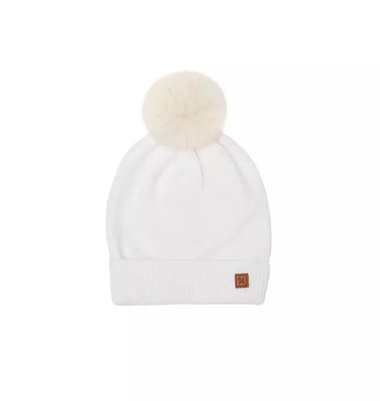 Winter White Knit Winter Hat with Faux Fur Pom