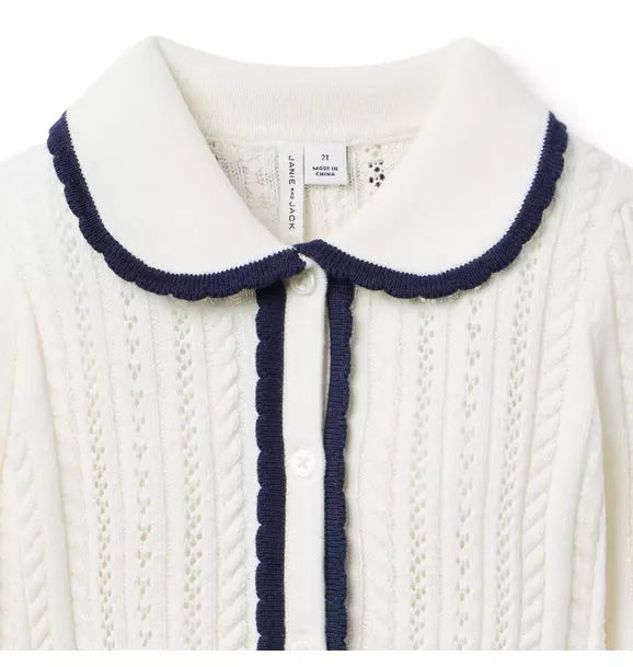 Pointelle Scalloped Trim Cardigan