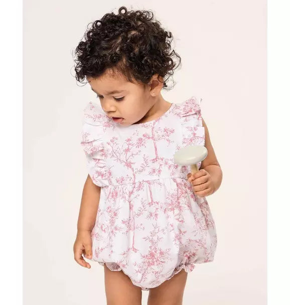 Baby's Twill Ruffled Romper in Pink Timeless Toile
