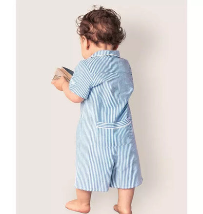 Baby's Twill Summer Romper in French Blue Seersucker