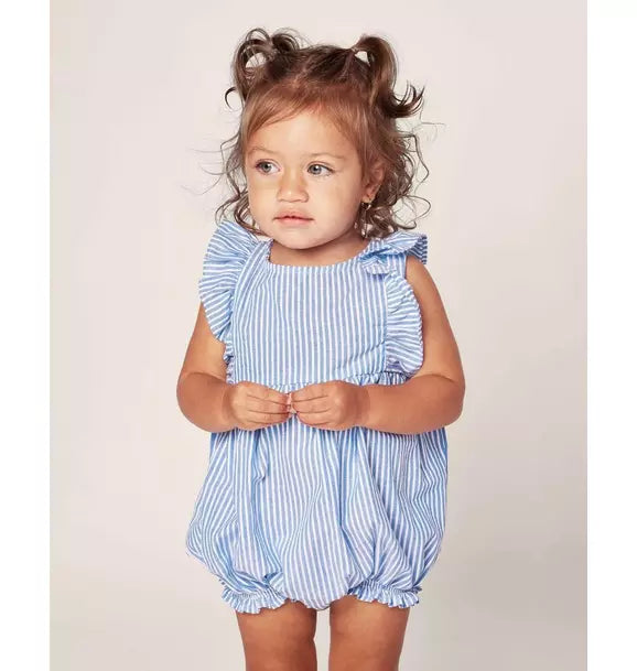 Baby's Twill Ruffled Romper in French Blue Seersucker