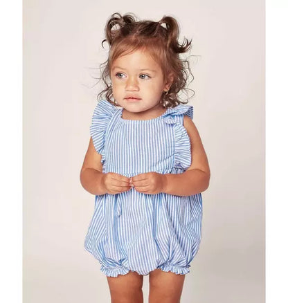 Baby's Twill Ruffled Romper in French Blue Seersucker