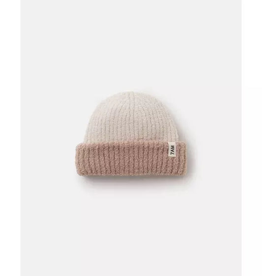 2-Tone Ribbed Beanie Fuzzy - Ecru/Pecan