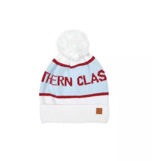 Knit Pom Hat in Winter White and Cloud Blue