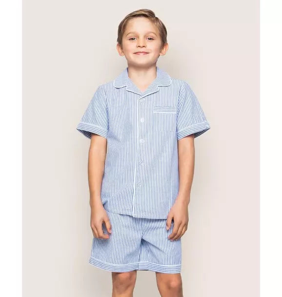 Kid's Twill Pajama Short Set in French Blue Seersucker