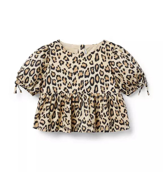 Leopard Puff Sleeve Peplum Top
