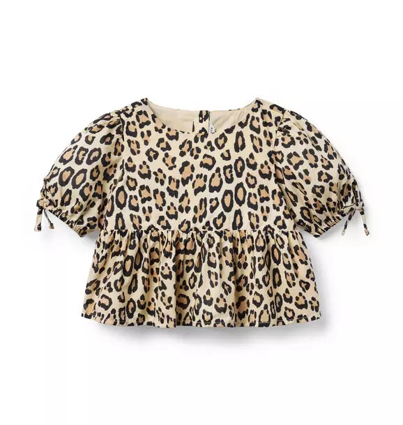 Leopard Puff Sleeve Peplum Top