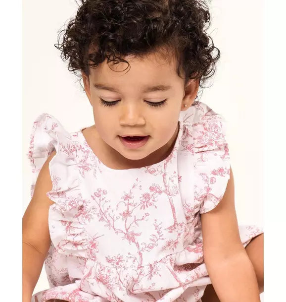 Baby's Twill Ruffled Romper in Pink Timeless Toile