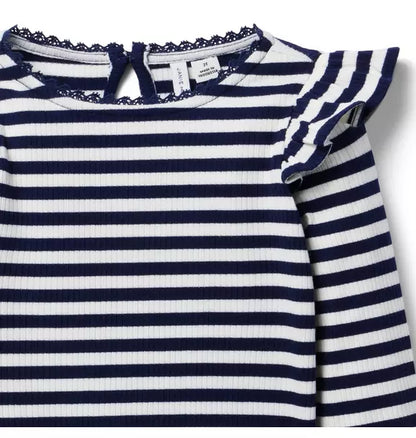 Striped Ribbed Ruffle Shoulder Top