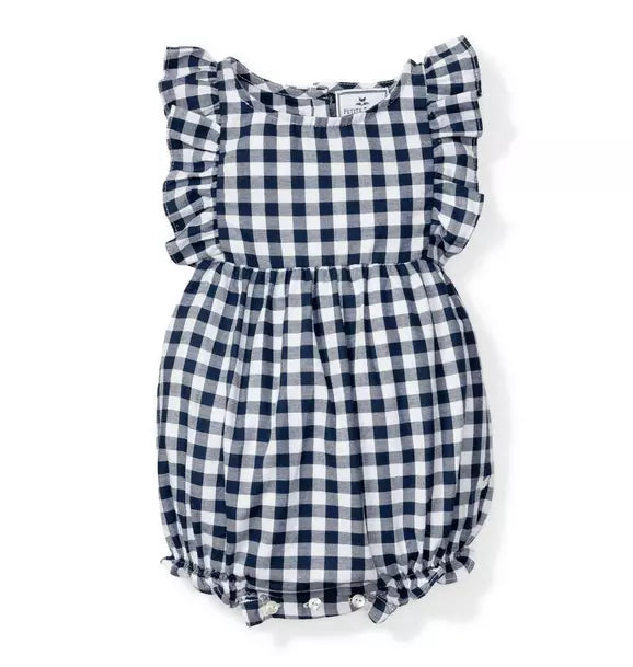 Navy Gingham Ruffled Romper