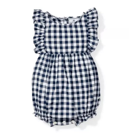 Navy Gingham Ruffled Romper